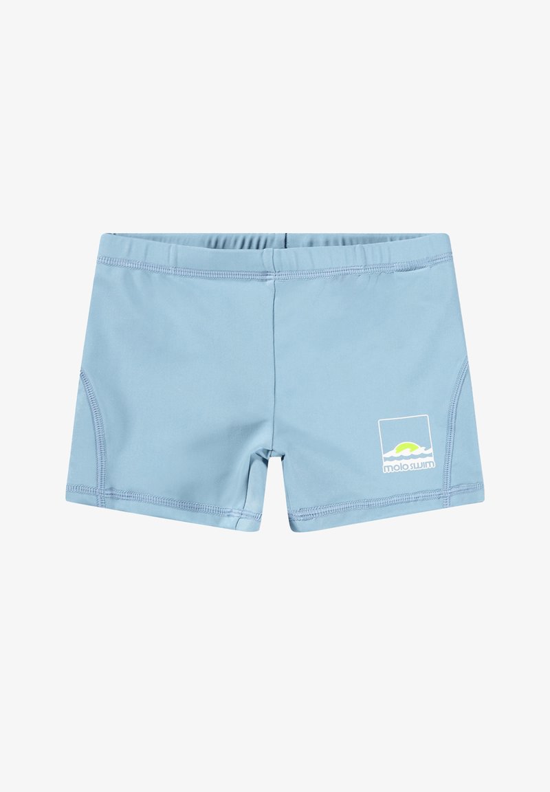 Ανοιχτό μπλε μαγιό φτιαγμένο από ελαστικό ύφασμα, με λογότυπο και λευκές ραφές. Σχεδιασμένο με ελαστική μέση και αθλητική γραμμή.