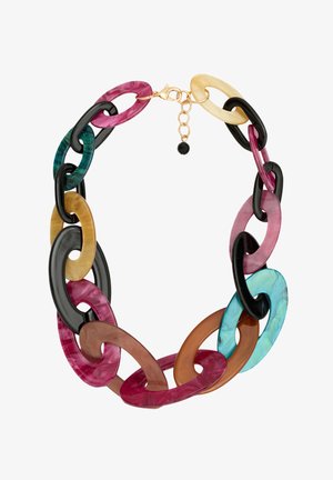 Barevný řetízek z pryskyřice se vzájemně propojenými oválnými články v odstínech růžové, černé, zelené, modré, hnědé a krémové. Detail zlaceného zapínání.