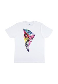 Hvid bomuld t-shirt med et livligt, flerfarvet grafisk motiv af flere maskerede figurer i form af en lynkile.