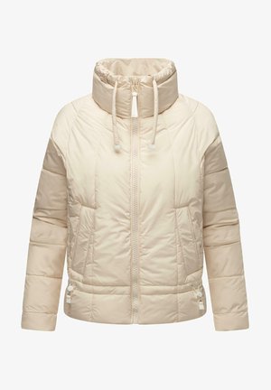 Lys beige polstret jakke med høj krave, frontlynlås, sidelommer og elastiske snore i taljen til justering.