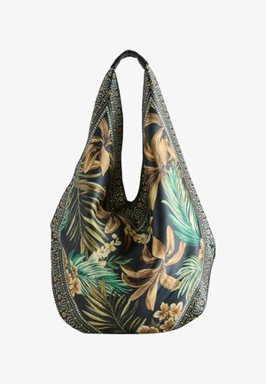 Czarna torba na ramię z tkaniny z tropikalnym wzorem brązowych, zielonych i beżowych kwiatów oraz liści oraz dekoracyjnym wzorem obramowania.