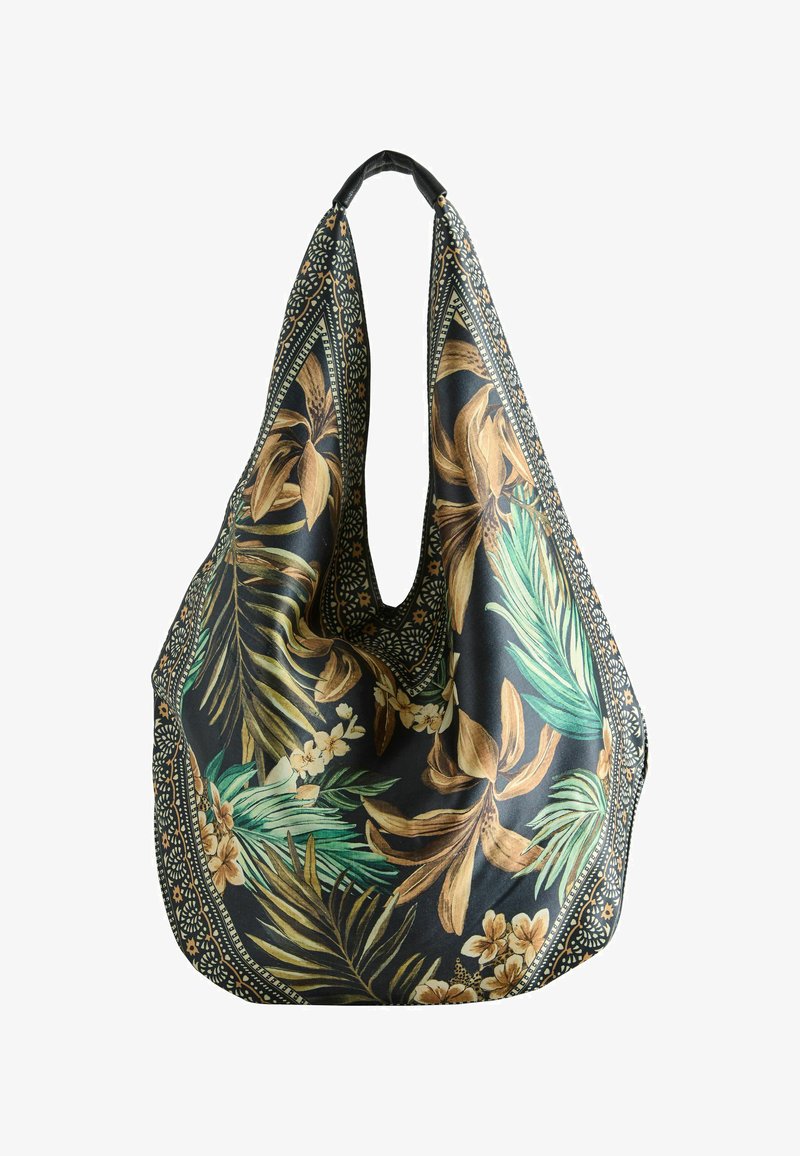 Črna tkanina torba za roko s tropskim vzorcem rjavih, zelenih in bež cvetov ter listov ter dekorativnim obrobnim dizajnom.