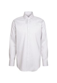Witte langemouwen shirt met fijne verticale strepen, knoopsluiting en een relaxte pasvorm. Heeft knopen aan de voorkant en manchetten.