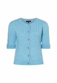 Lichtblauwe cardigan van gestructureerd breiwerk met een visgraatpatroon. Korte mouwen, ronde halslijn en vijf decoratieve knopen in goudkleur.