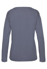 Grijs katoenen langemmershirt met een ronde hals en gestikte details langs de zoom en manchetten. Gemakkelijk aanvoelende, gladde afwerking.
