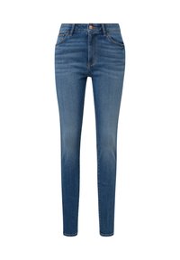 Jeans ajustados de mezclilla azul medio, con una cintura alta, diseño de cinco bolsillos y sutiles desgastados a lo largo del muslo para añadir textura.