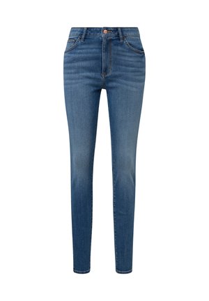 Schmale Jeans aus mittelblauem Denim mit hoher Taille, einem Fünf-Taschen-Design und dezenten Waschungen entlang des Oberschenkels für Textur.