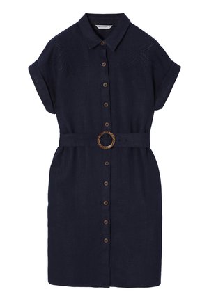 Vestido de lino azul marino con mangas cortas, parte delantera con botones, diseño de hojas bordado y hebilla circular marrón.