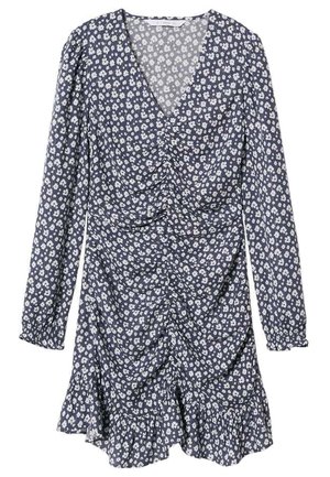 Marineblå langærmet kjole med lille hvidt blomsterprint, V-hals, rynket front og flæsekant.