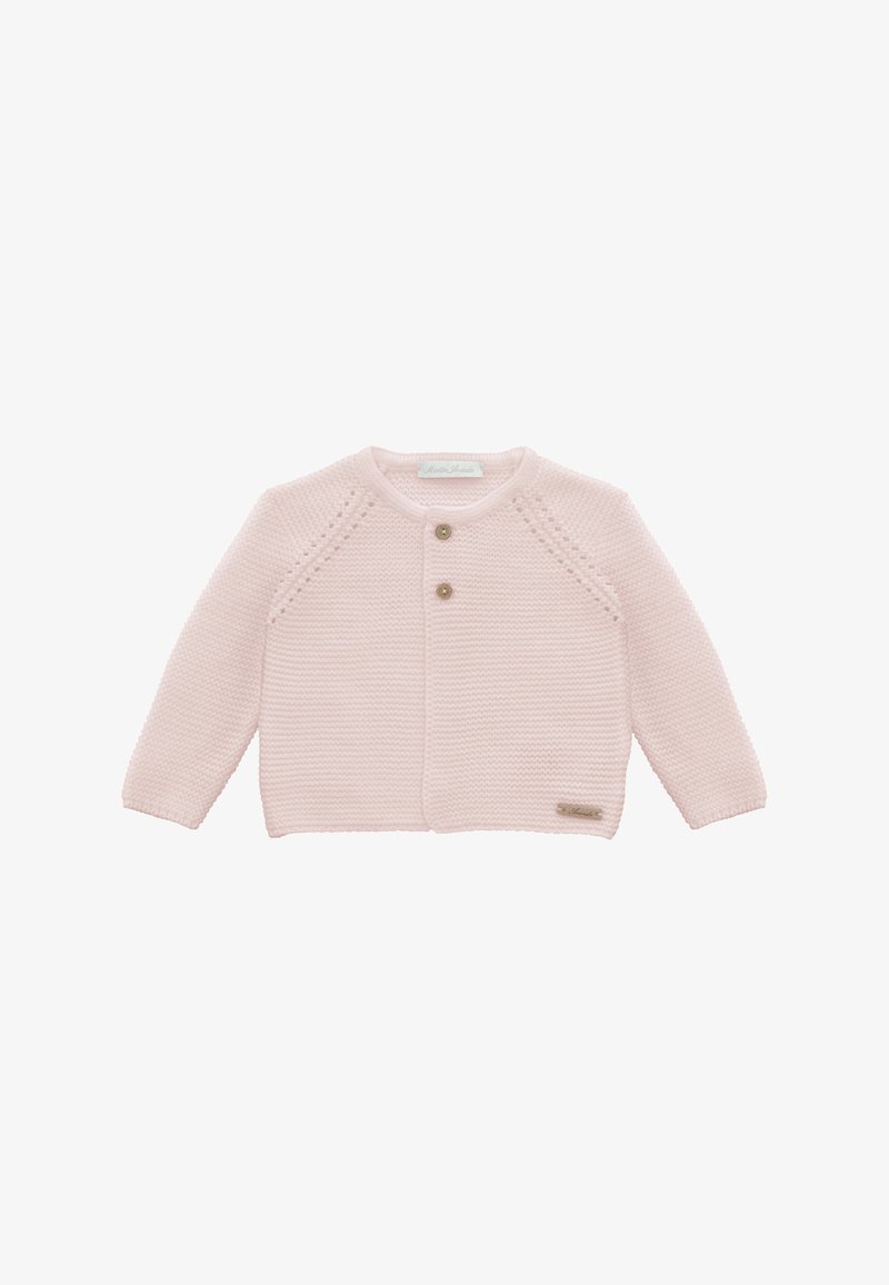 Cárdigan de punto rosa claro con mangas largas, escote redondo y dos cierres de botón. Presenta un patrón de punto texturizado y un pequeño detalle de etiqueta.