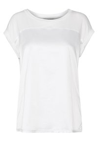 Blusa blanca de mujer de manga corta con un escote redondeado y un panel liso en el pecho.