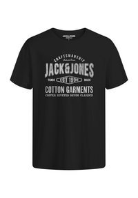Black cotton t-shirt featuring a front print with "JACK & JONES" and vintage style text. Short sleeves, crew neck, relaxed fit.