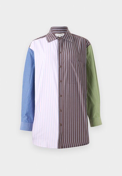 Striped shirt with a button-up design, featuring sections in blue, pink, brown, and green. Includes a chest pocket and collar.