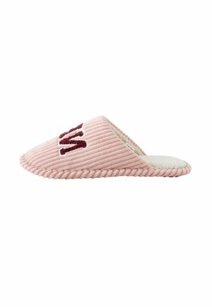 Pink slide slipper featuring a ribbed texture, plush interior, and a decorative "M" in dark red. Rounded toe and braided sole edge detail.