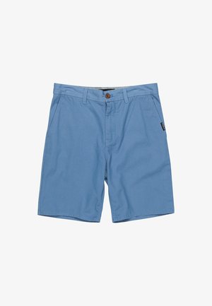 Jasnoniebieskie szorty wykonane z mieszanki bawełny, z zapięciem na guzik z przodu, dwiema bocznymi kieszeniami oraz małą metką z logo po lewej stronie.