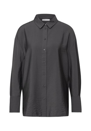 Chemise boutonnière gris foncé en tissu lisse et texturé. Dotée d'un col classique, de manches longues et d'un ourlet droit. Six boutons noirs viennent embellir l'avant.