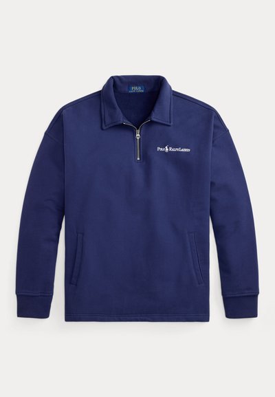 Μπλε ναυτικό φούτερ με φερμουάρ μέχρι το στήθος, γιακά, πλαϊνές τσέπες, ριμπ μανσέτες και λευκό λογότυπο Polo Ralph Lauren στο στήθος.