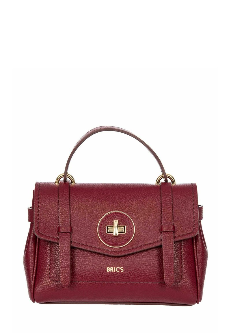 Sac à main en cuir bordeaux de Bric's avec un rabat avant, des finitions dorées, une anse supérieure et une texture subtile. Design compact et structuré.