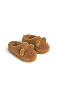 Bruna plyschtofflor med björndesign, rundad form, mjuk textur och små öronaccenter. Har svarta broderade ögon och näsa.