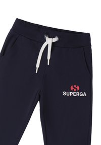 Marineblaue Sweatpants aus Baumwollmischung mit Seitentaschen, einem elastischen Bund mit beigem Kordelzug und einem roten "SUPERGA"-Logo.