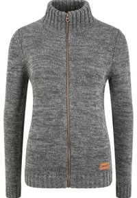 Gray knitted zip-up sweater with a high collar, featuring a copper-colored zipper and a small branded leather tag on the bottom right.