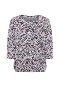 Bluse mit Blumenmuster und 3/4-Ärmeln, ausgestattet mit einem Rundhalsausschnitt und einem marineblauen Grundton, akzentuiert durch pinke und weiße Blumen in einem verstreuten Design.