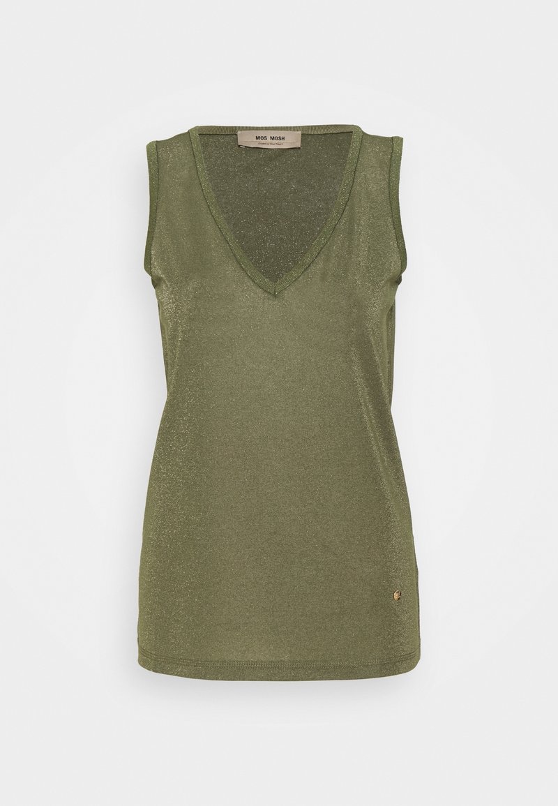 Haut sans manches vert olive à col en V avec un léger scintillement et une petite étiquette métallique ronde près de l'ourlet inférieur.