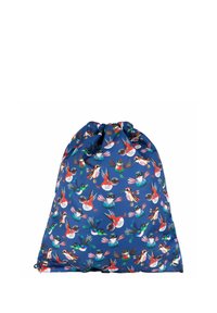 Trekkoord tas met een blauwe stof versierd met kleurrijke vogelpatronen. Het ontwerp bevat verschillende vogelsoorten en levendige accenten.