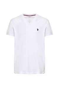 T-shirt bianca in cotone a V con maniche corte, un piccolo logo nero sul lato sinistro del petto e un colletto di colore contrastante.