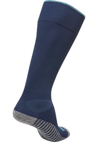 Skarpety do kolan w granatowym kolorze z fakturowanym żeberkowym wzorem. Kontrastowa turkusowa górna opaska i szare paski na podeszwie dla lepszej przyczepności. Wytrzymały materiał.
