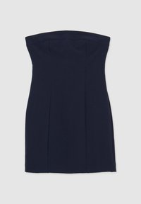 Robe sans manches bleu marine avec une coupe ajustée, ornée de plis verticaux et d'une texture lisse. Sans fermetures ni embellissements visibles.