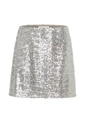 Mini-jupe en sequins argentés avec une silhouette droite, doublure intérieure lisse et surface texturée scintillante, créant un aspect réfléchissant.