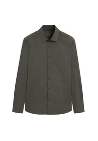 Langärmliges Hemd aus dunkelgrünem Baumwollmix mit Button-Down-Kragen, schwarzen Knöpfen und gerader Schnittform. Keine Muster oder Akzente.