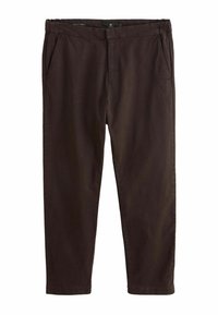 Dunkelbraune Baumwollhose mit geradem Bein, ausgestattet mit vorderen Taschen und einem Reißverschluss, zeigt eine glatte Textur und ein schlichtes Finish.