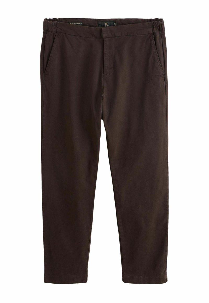 Dark brown cotton pants with a straight-leg design, featuring front pockets and a zip fly, showcasing a smooth texture and simple finish.