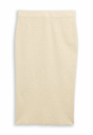 Knee-length pencil skirt in light beige knit fabric. Features a smooth texture and elastic waistband, designed for a fitted silhouette.