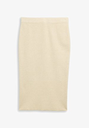 Gonna a matita, con lunghezza fino al ginocchio, in tessuto a maglia beige chiaro. Presenta una texture liscia e una vita elasticizzata, progettata per una silhouette aderente.