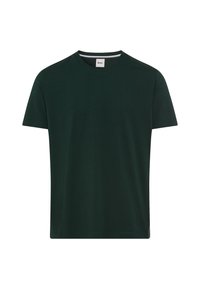T-shirt verde scuro a maniche corte realizzato in cotone morbido, con scollo rotondo e un design semplice privo di stampe o dettagli.
