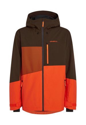Skijacke mit Kapuze, die braune und orange Farbblockierung, mit Reißverschlusstaschen und verstellbaren Manschetten aufweist. Hergestellt aus strapazierfähigem, wetterbeständigem Material.