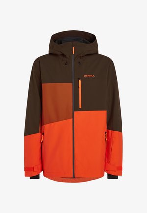 Skijack met een capuchon met een kleurenschema van bruin en oranje, ritszakken en verstelbare manchetten. Gemaakt van duurzaam, weerbestendig materiaal.