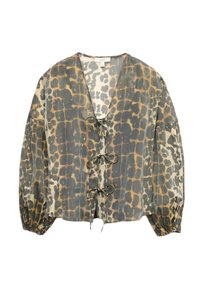 Leichte, gemusterte Bluse in Grau und Beige mit V-Ausschnitt, Puffärmel und Bindebändern vorne. Mit einem Tierdruck-Design.