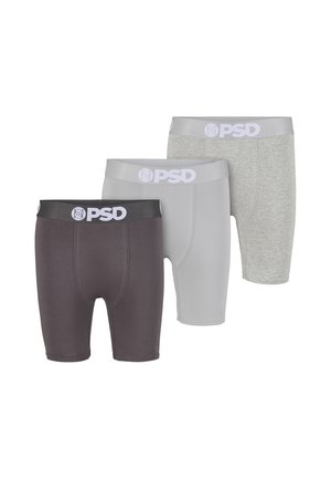 Tres pares de calzoncillos bóxer para hombre de la marca PSD en gris oscuro, gris claro y gris jaspeado, dispuestos uno al lado del otro.
