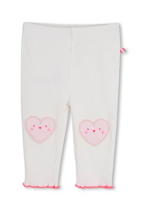 Pantalon bébé blanc côtelé avec des patchs en forme de cœur souriant roses aux genoux et des ourlets à volants roses.