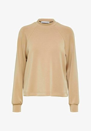 Sweat-shirt beige à col ras du cou avec manches longues raglan, texture douce et poignets côtelés. Design simple, sans motifs ni ornements.