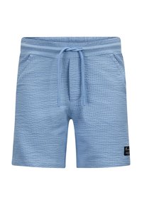 Shorts azzurro chiaro con un motivo a spina di pesce testurizzato. Presentano una vita elastica con cordoncino e tasche laterali. Etichetta in basso a sinistra.