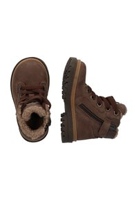 Bruine leren enkellaarzen met nep bontvoering, zwarte ritssluiting, bruine veters, robuuste rubberen zool en rondneus ontwerp.