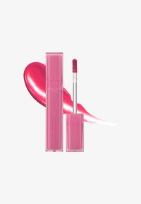 Rosa leppestift i en rektangulær tube med en sølvapplikator. Har en teksturert spiss og en livlig rosa væske ved siden av tuben.