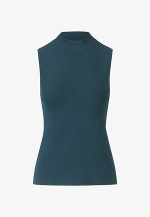 Top senza maniche in verde scuro, realizzato in morbido tessuto a maglia. Presenta una silhouette aderente e una leggera texture lungo il collo.