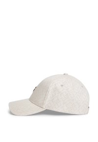 Μπέζ καπέλο με υφασμένο μοτίβο, καμπυλωτό γείσο και κεντημένο λογότυπο στο πλάι· διαθέτει οπές εξαερισμού και δομημένο σχέδιο.