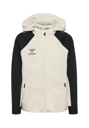 Kurtka z kapturem z białym przodem i czarnymi rękawami, pełnym zamkiem błyskawicznym z przodu, zamykanymi na zamek kieszeniami bocznymi oraz logo hummel na piersi.